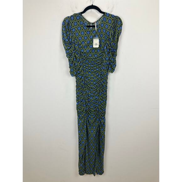 Free People Brielle Midi Dress Mesh Ruched Side Slit Blue Green Printed M NWT - Picture 3 of 10